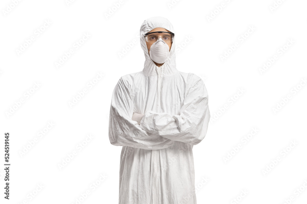 Worker wearing a decontamination suit and mask Worker wearing a decontamination suit and mask
