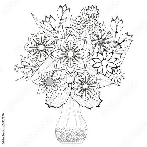 Black and white simple flowers bouquet in a vase. Coloring book page. Vector illustration.