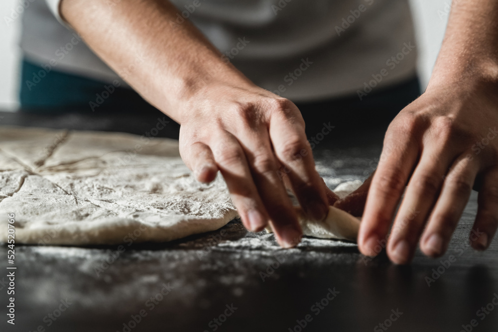 Chef preparing homemade bread inside kitchen on wooden board - Pastry and food concept Chef preparing homemade bread inside kitchen on wooden board - Pastry and food concept