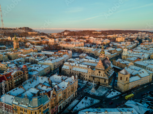 sunset above lviv city winter season