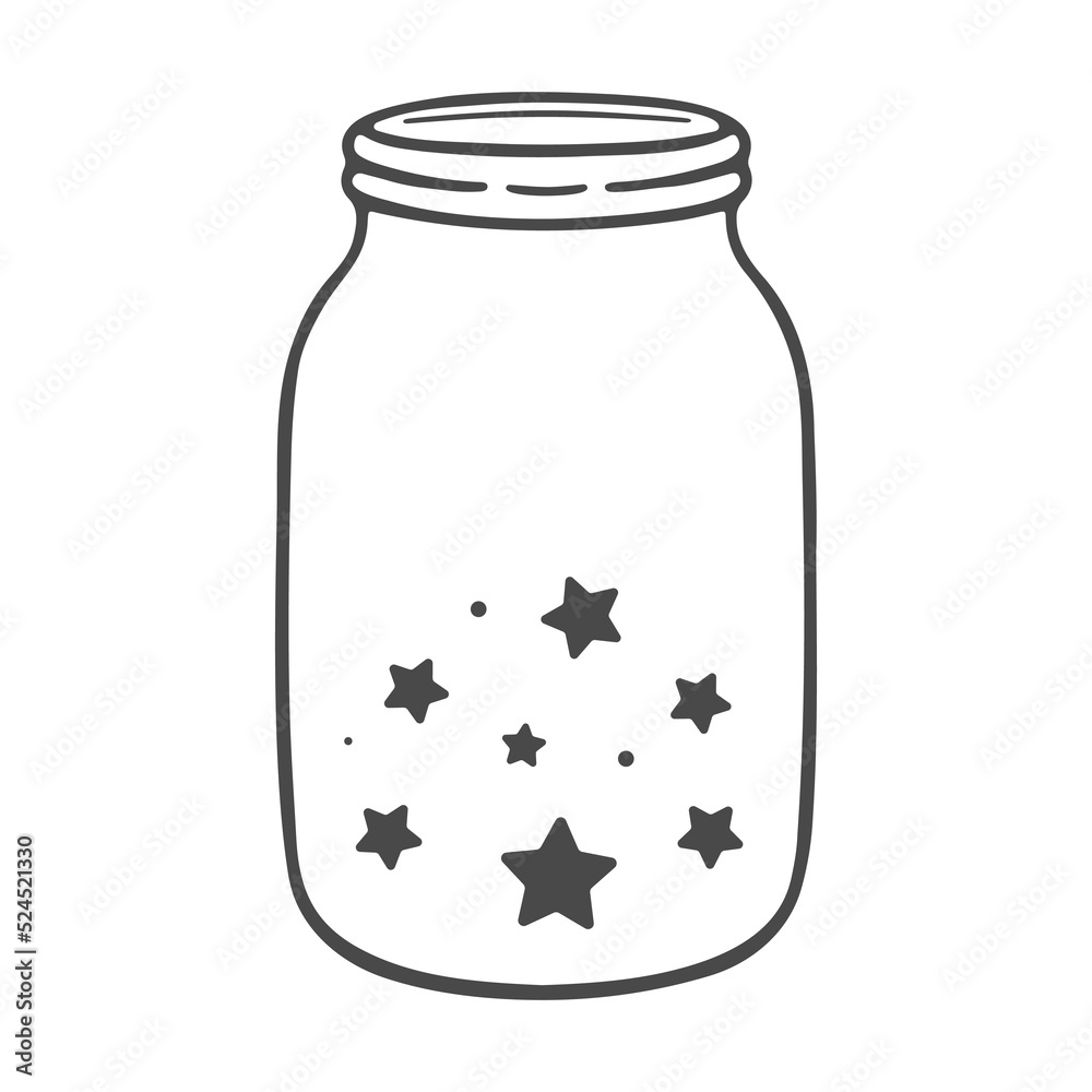Hand drawn mason jar with stars. Cosmic glass container. Empty kitchen pot with lid. Contour sketch Hand drawn mason jar with stars. Cosmic glass container. Empty kitchen pot with lid. Contour sketch