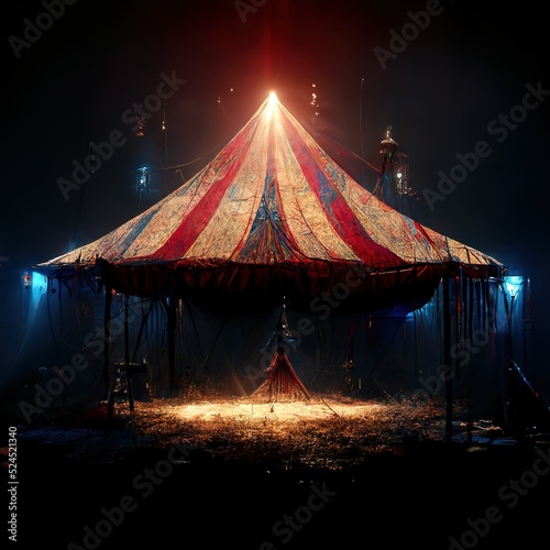 A 3D Illustration of a Circus tent with red colors and the lighting brighten the tent photo