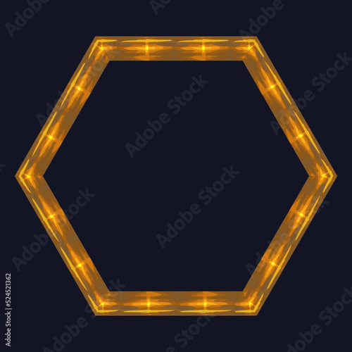 Golden polygon frame Decorative design element Wooden picture frame Copy space Vector illustration Isolated on black background
