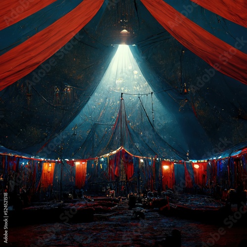 A 3D Illustration of a Circus tent with red colors and the lighting brighten the tent