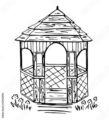 Simple hand drawn black outline vector drawing. Summer gazebo in the garden, tea house, grass and flowers. Sketch in ink.