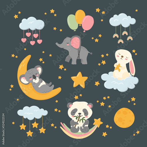 Cute sleeping animals good night big sticker set. Celestial bodies, clouds, stars, moon, panda, elephant, bunny and koala. Nursery poster, postcard, children print, baby shower. Vector illustration.