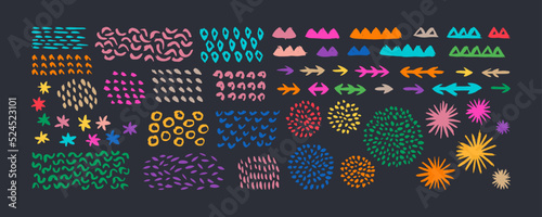 Grunge hand drawn doodle ornaments set. Big collection of abstract trendy elements and shapes for creating patterns or backgrounds.