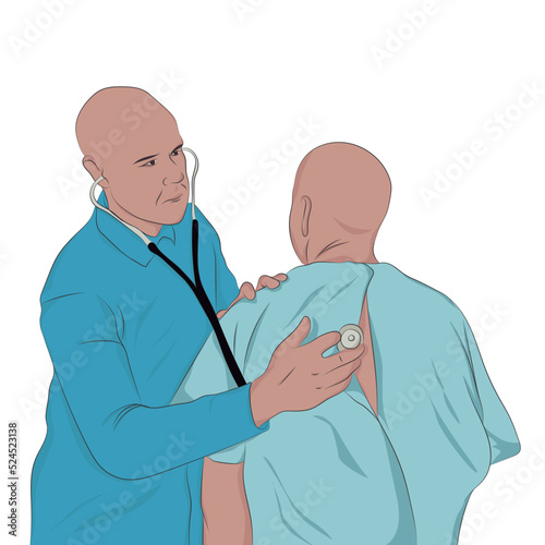 Doctor checking patient's back with stethoscope.