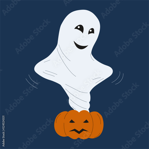 A mischievous cartoon ghost flying out of a pumpkin on dark blue background for halloween.