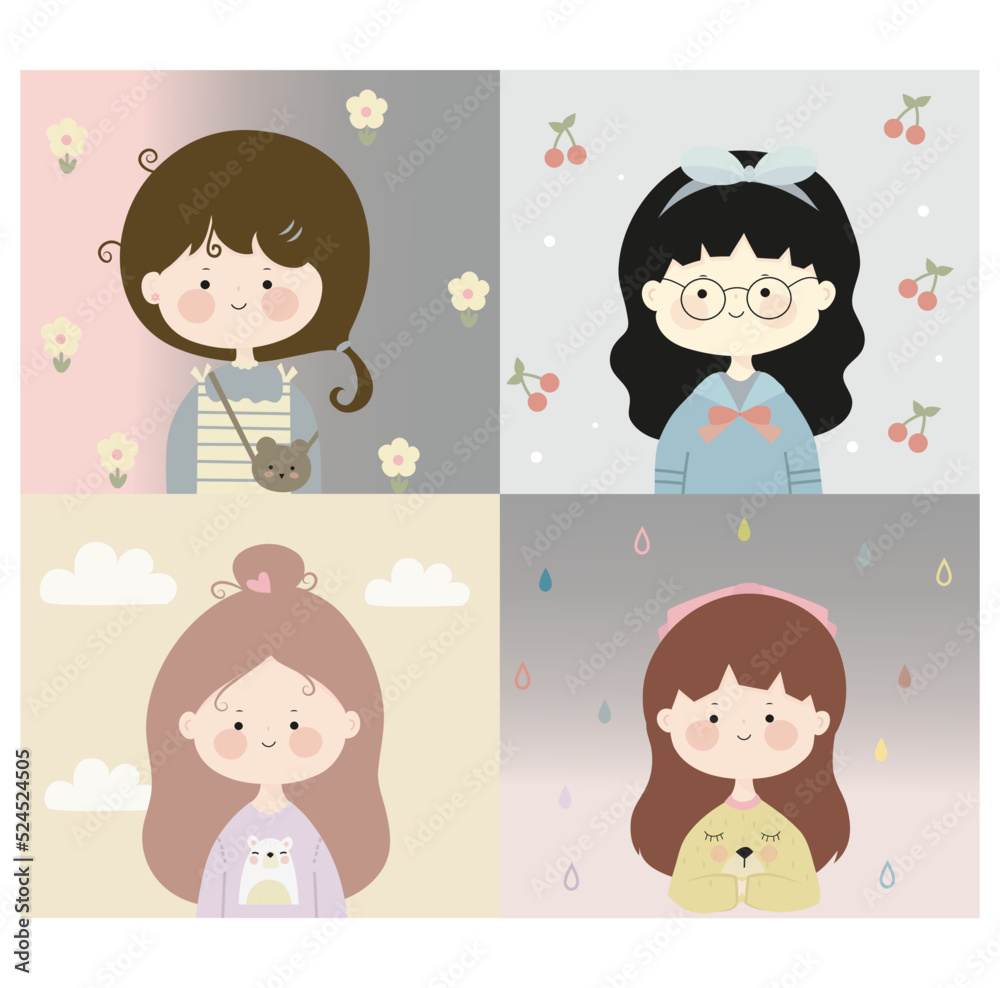 Cute girls vector cartoon set. Happy girl characters. Cute girls vector cartoon set. Happy girl characters.