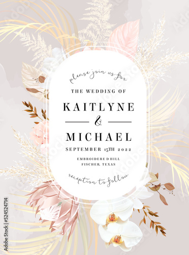 Flower and dried plants vector design round frame. Wedding watercolor flowers