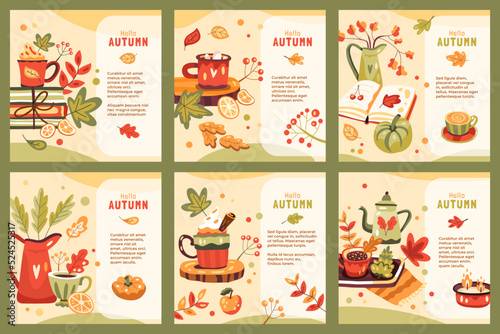 Set of autumn illustrations with hot drinks, books, leaves and pumpkins. Hello autumn text. Cute fall decorative objects. Сosiness and comfort. Warm hygge aesthetics. Square social media post or card