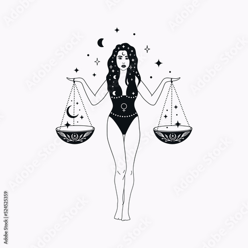 Libra Girl Zodiac Sign Design Illustrations. Esoteric Vector Element, Icon