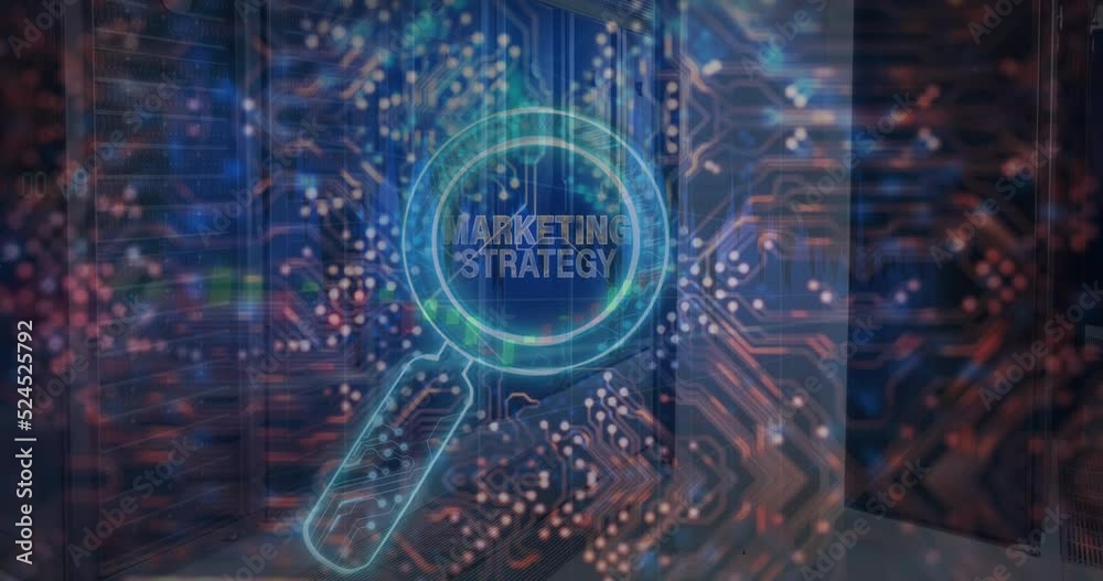 Animation of marketing strategy text over reading glass and server room Animation of marketing strategy text over reading glass and server room