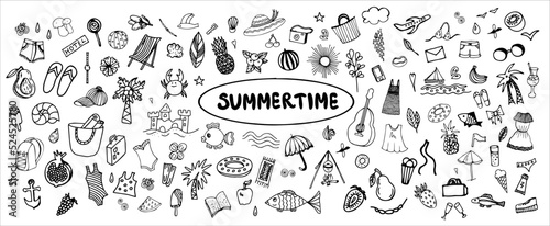 A set of various vector elements and symbols isolated on a white background. Collection of summer holidays at the sea, beach, exotic holidays. Vacations, trips abroad, travel, world tourism.