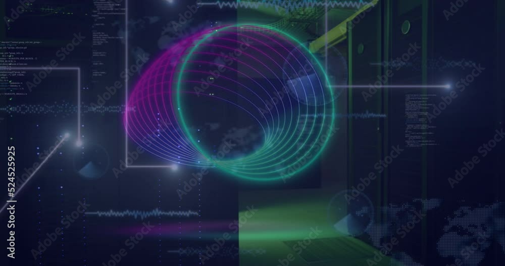 Animation of circles over data processing and server room Animation of circles over data processing and server room