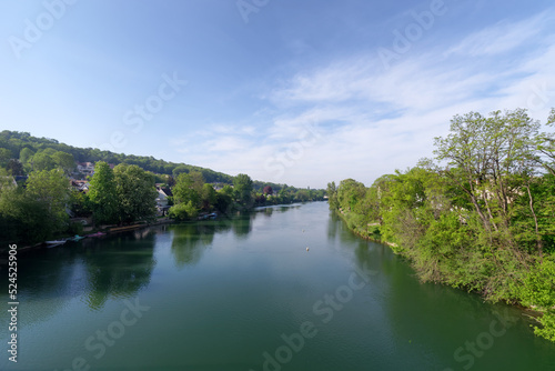 Marne river and hill of  Chennevi  res-sur-marne city in Grand Paris area
