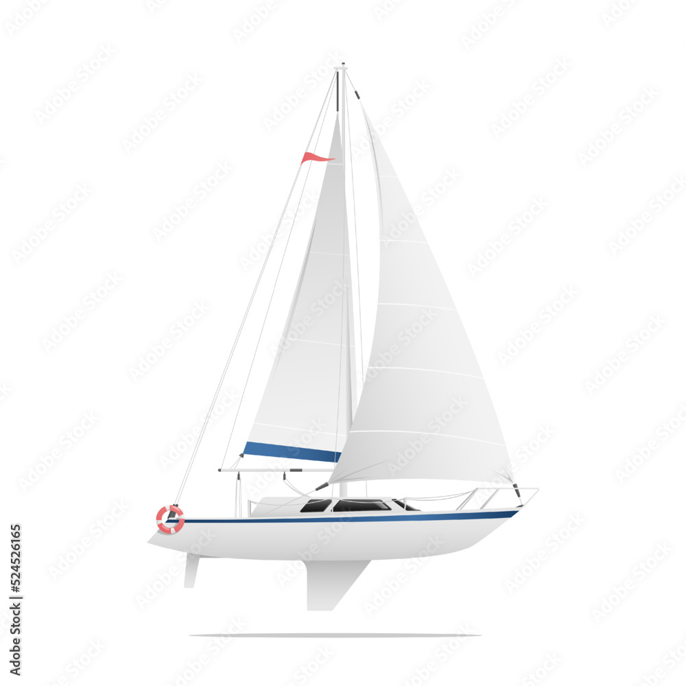 Sailboat. White sailboat. Sailboat in a side view. White yacht. Vector illustration. 