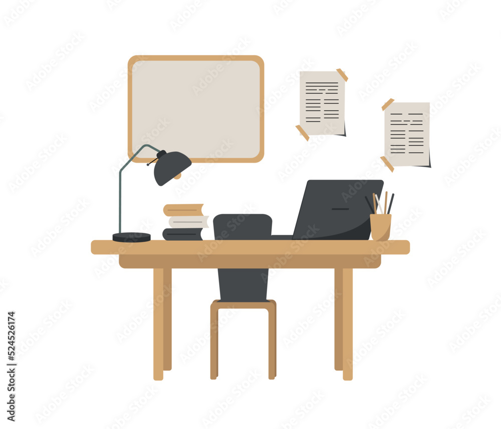 Home or office workplace with table and chair, laptop computer, some books, lamp and pencil cup. Modern colorful flat style vector illustration isolated on white background