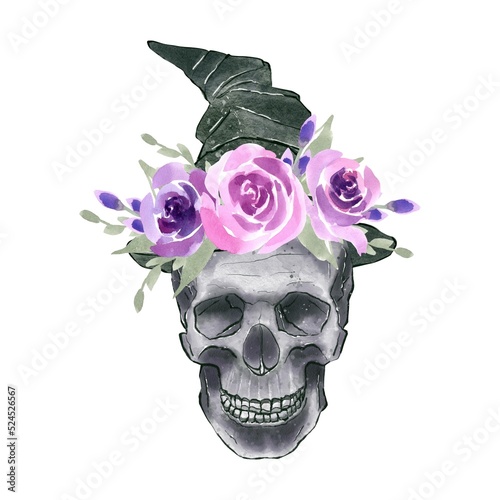 Vintage happy Halloween. Skull with black Hat with elegance flower composition in lilac and pink color.