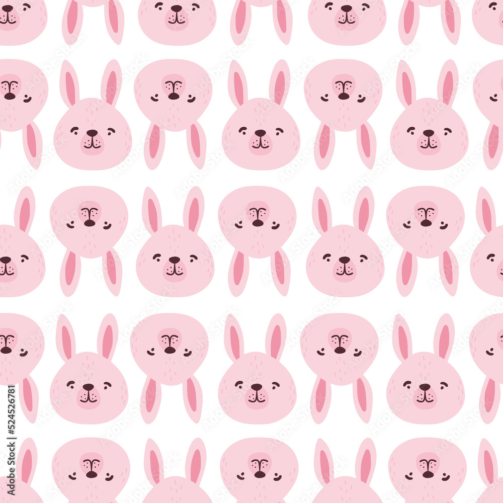 Obraz premium Rabbits, hares, bunnyes seamless pattern. Cute characters. Baby cartoon vector in simple hand-drawn Scandinavian style. Nursery illustration children print, baby shower.