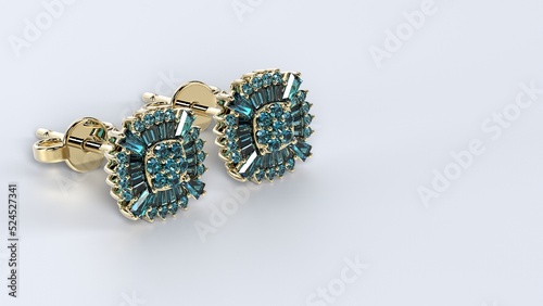 beautiful male or female earing color stones yellow or rose or white gold or platinum 3d render