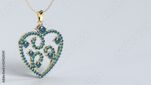 beautiful male or female pendent or locket love heart care color stones yellow or rose or white gold or platinum 3d render