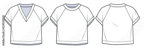 Raglan Cropped Tee Shirt fashion flat tehnical drawing template. Unisex Crop T-Shirt, Crop Top fashion CAD mockup, raglan short sleeve, overfit, front, back view, white colour, set.