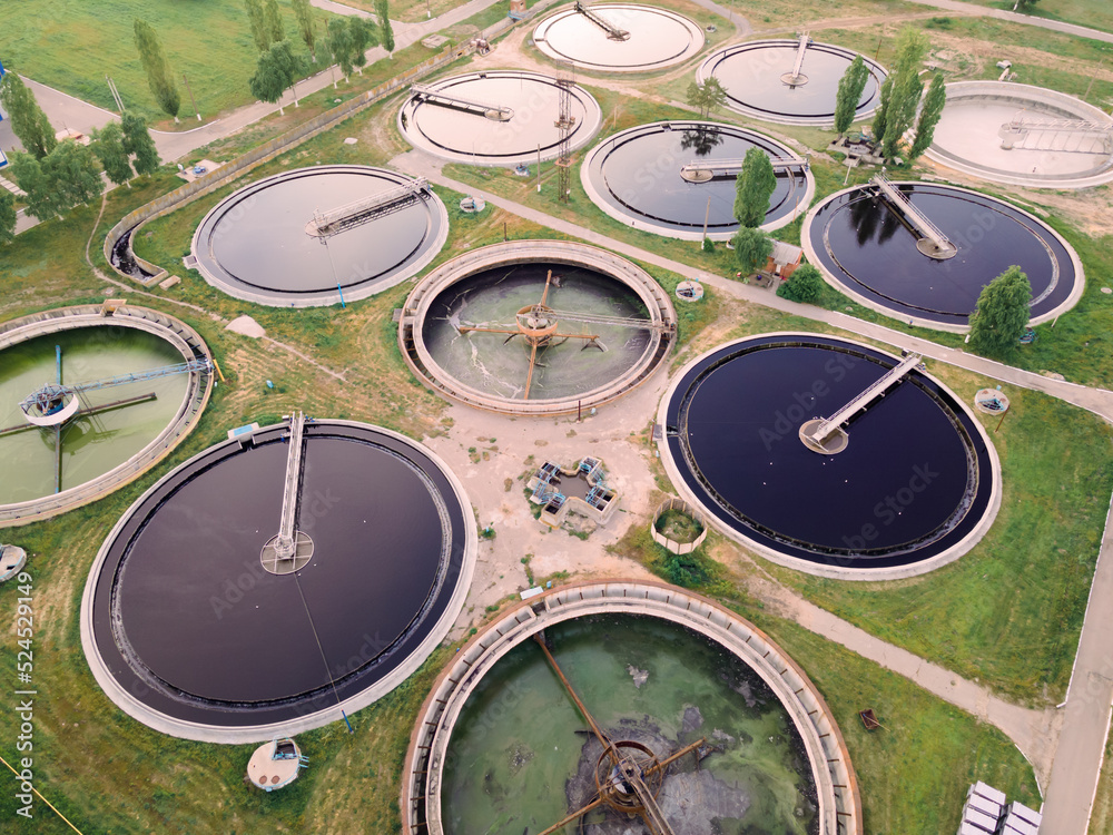 Aerial view wastewater treatment plant, sedimentation basin for recycle dirty sewage water
