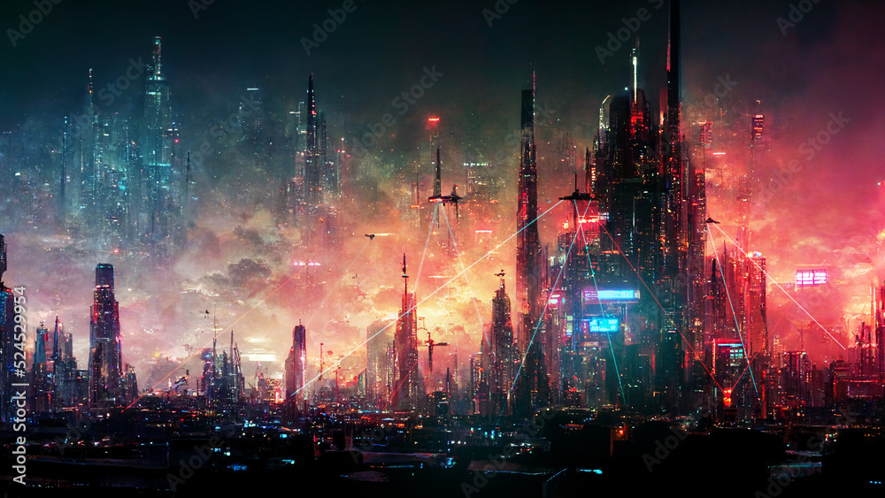Fototapeta premium war in the cyberpunk city, digital art style, illustration