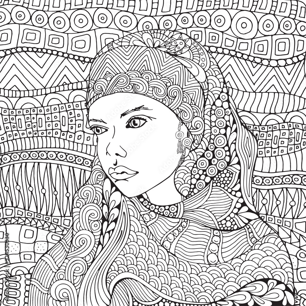 Arabic muslim woman. Hijab. Coloring book page for adult. Black and ...