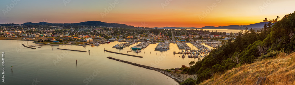 Anacortes Marina and downtown from above at sunset