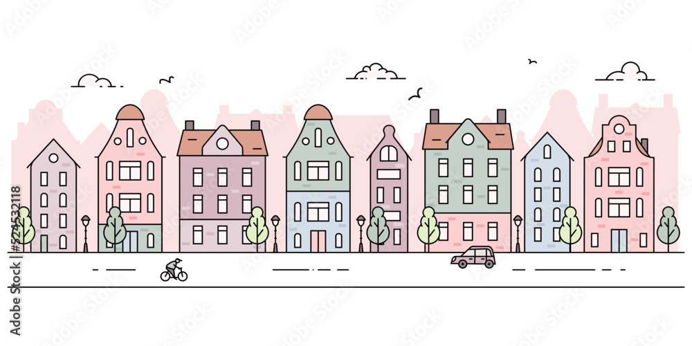 Simple panorama of european town landscape with old buildings. Vector illustration in line flat style