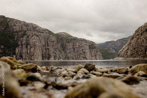Amazing nature from the beach in Forsand, Lysebotn on cloudy day