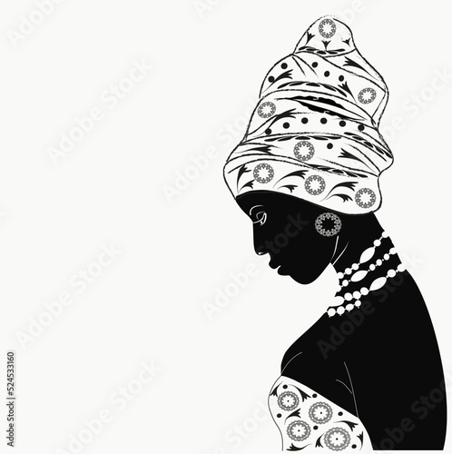 Black African American woman in a turban. Profile silhouette. Banner. White and black. Symbols, ethnicity. Floral print avatar. Digital graphic illustration. Sample