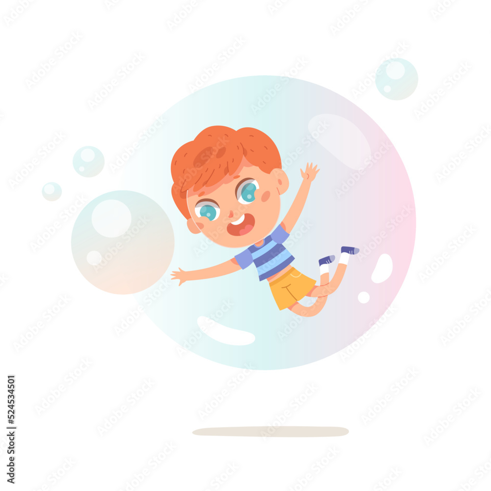 Boy flying inside big soap bubble, happy adorable little kid playing with soapy sphere