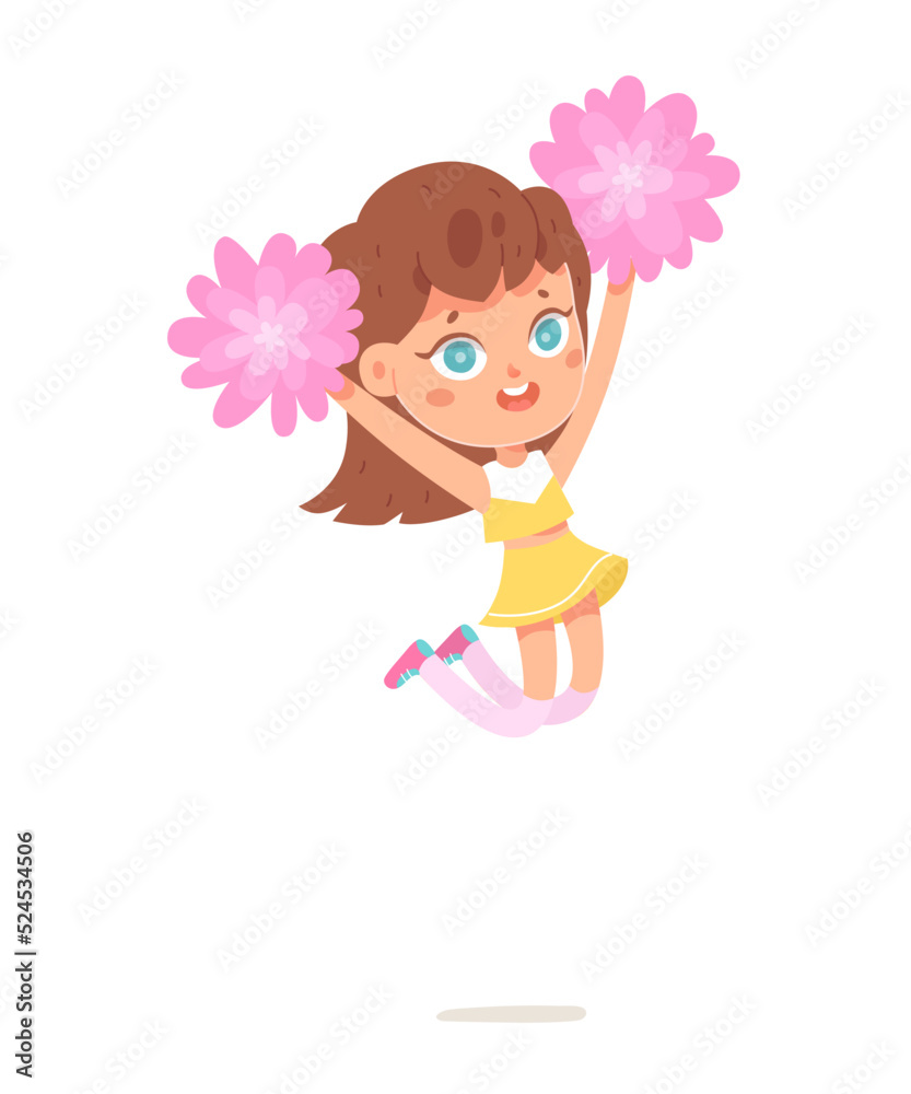 Cheerleader with pom poms jumping high, little girl in cute attire dancing energy dance Cheerleader with pom poms jumping high, little girl in cute attire dancing energy dance