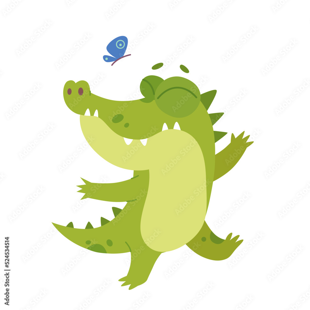 Fototapeta premium Cute green crocodile character dancing with flying butterfly together, happy dance