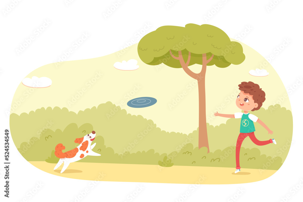 Child playing with pet in park or playground. Happy kid doing outdoor summer activities vector illustration. Boy with dog throwing game, pet jumping in nature