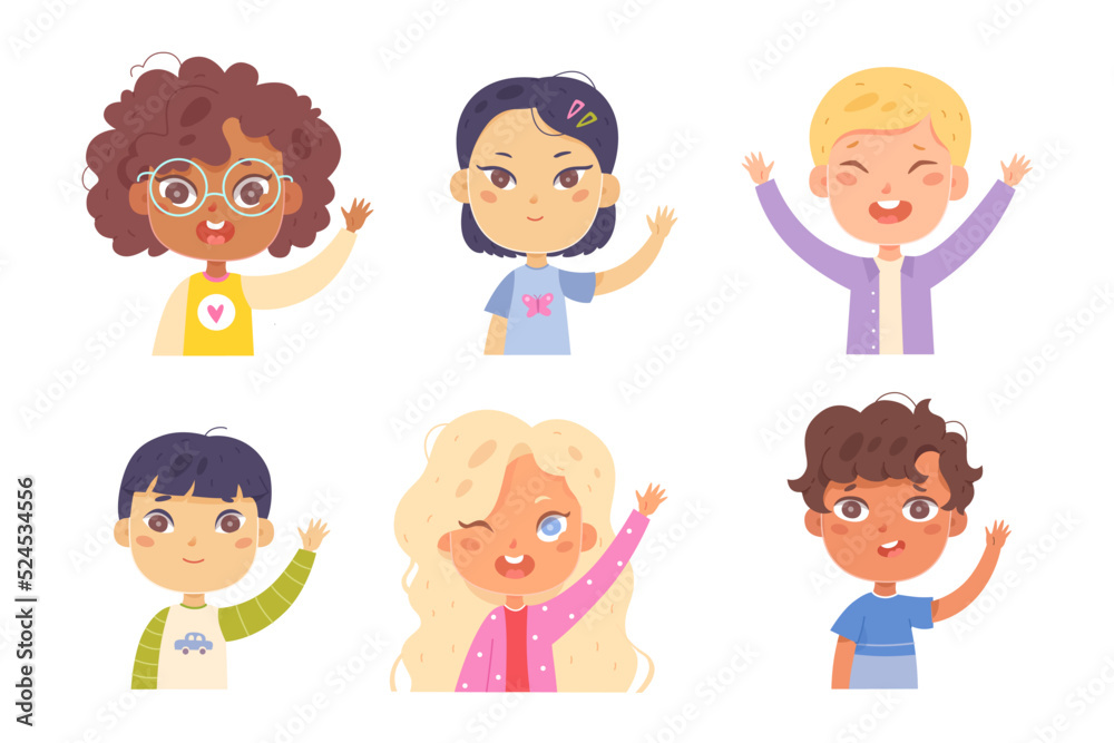 Children with hands up set, cute kids waving for saying bye or hello, happy pupils Children with hands up set, cute kids waving for saying bye or hello, happy pupils