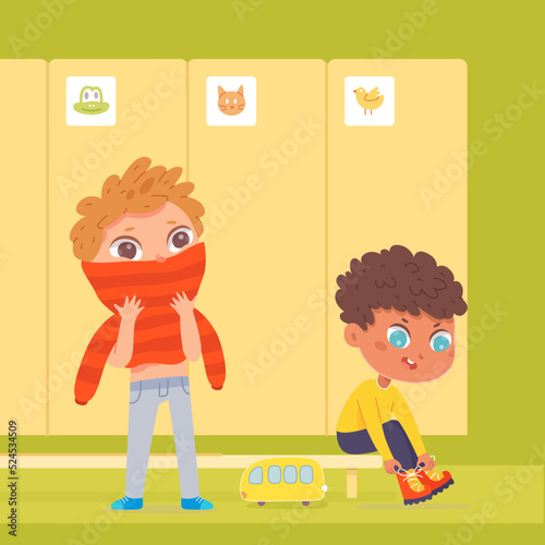 Boys changing clothes in school locker room interior, cute kids wearing sweater and shoes