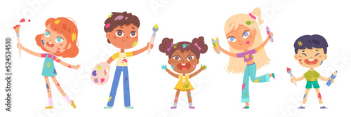 Cute happy painters kids draw and play set, isolated dirty artists in paint splatter