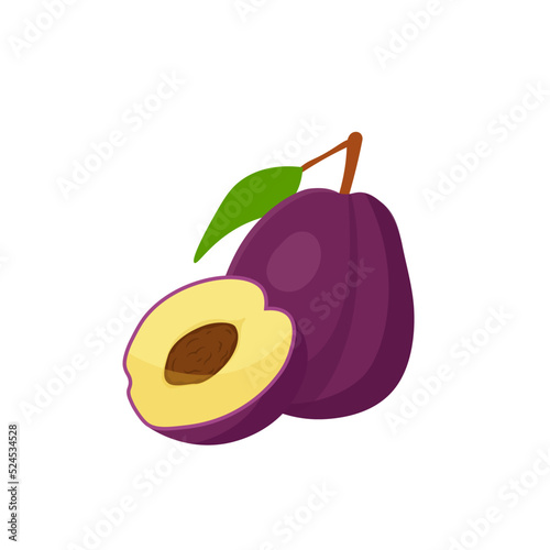 Plum, summer fruit, whole fresh vitamin sweet plum with green leaf on stem, cut in half