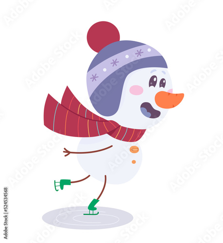 Cute little snowman skating on ice rink, enjoying winter holidays and sport activity
