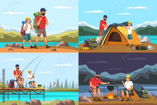 Set of family travelling, active vacation and hiking. Father and son with backpacks go to mountains, fishing, camping, cooking in camp bowler at stake and spend time together. Vector illustrations