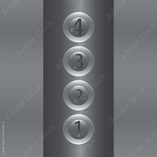 Elevator button panel. For building up and down each floor. Isolated illustration on a metal background.