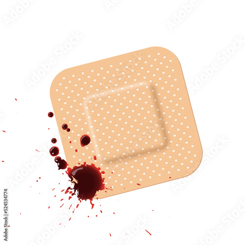 Blood drops on square adhesive bandages vector illustration. Realistic 3d falling red bloody splashes on beige rubber band aid, pharmaceutical help for wound and skin damage isolated on white.