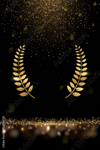 Gold laurel wreath and falling glitter vector illustration. Realistic movie award, golden dust in festive glamour holiday poster, confetti rain from shiny particles on black background