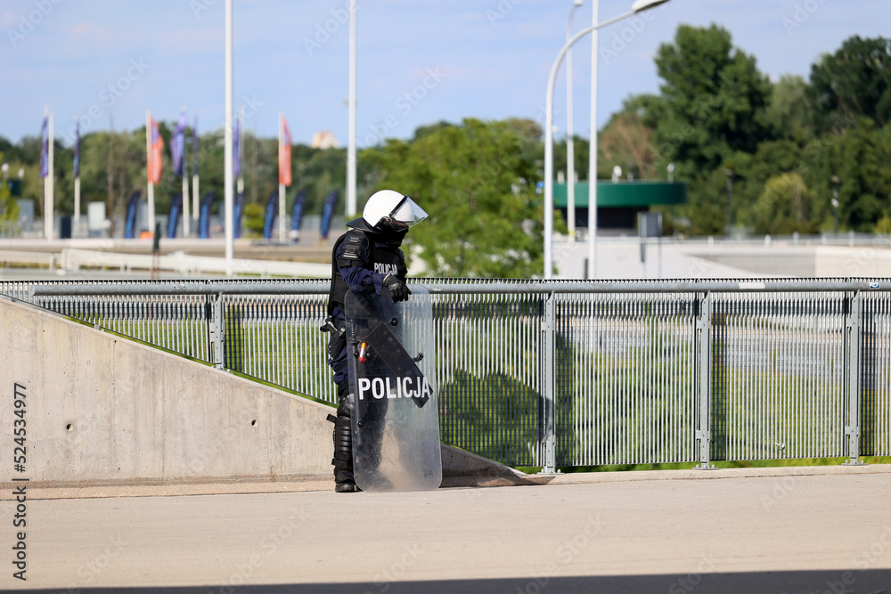 Policjant oddziału prewencji na zabezpieczeniu imprezy sportowej. Tarcza policyjna.  - obrazy, fototapety, plakaty 