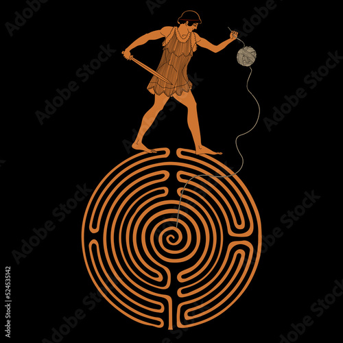 Ancient Greek hero standing on top of a round spiral maze or labyrinth symbol and holding a yarn ball. Theseus. Ariadne thread. Creative mythological concept. On black background.